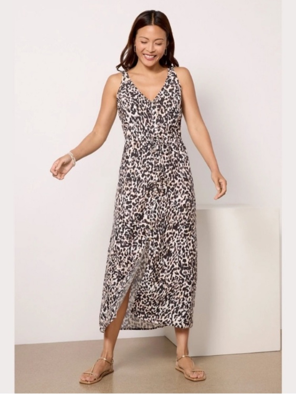 NWT cloth and stone leopard print inkwash button front cami dress size xs linen